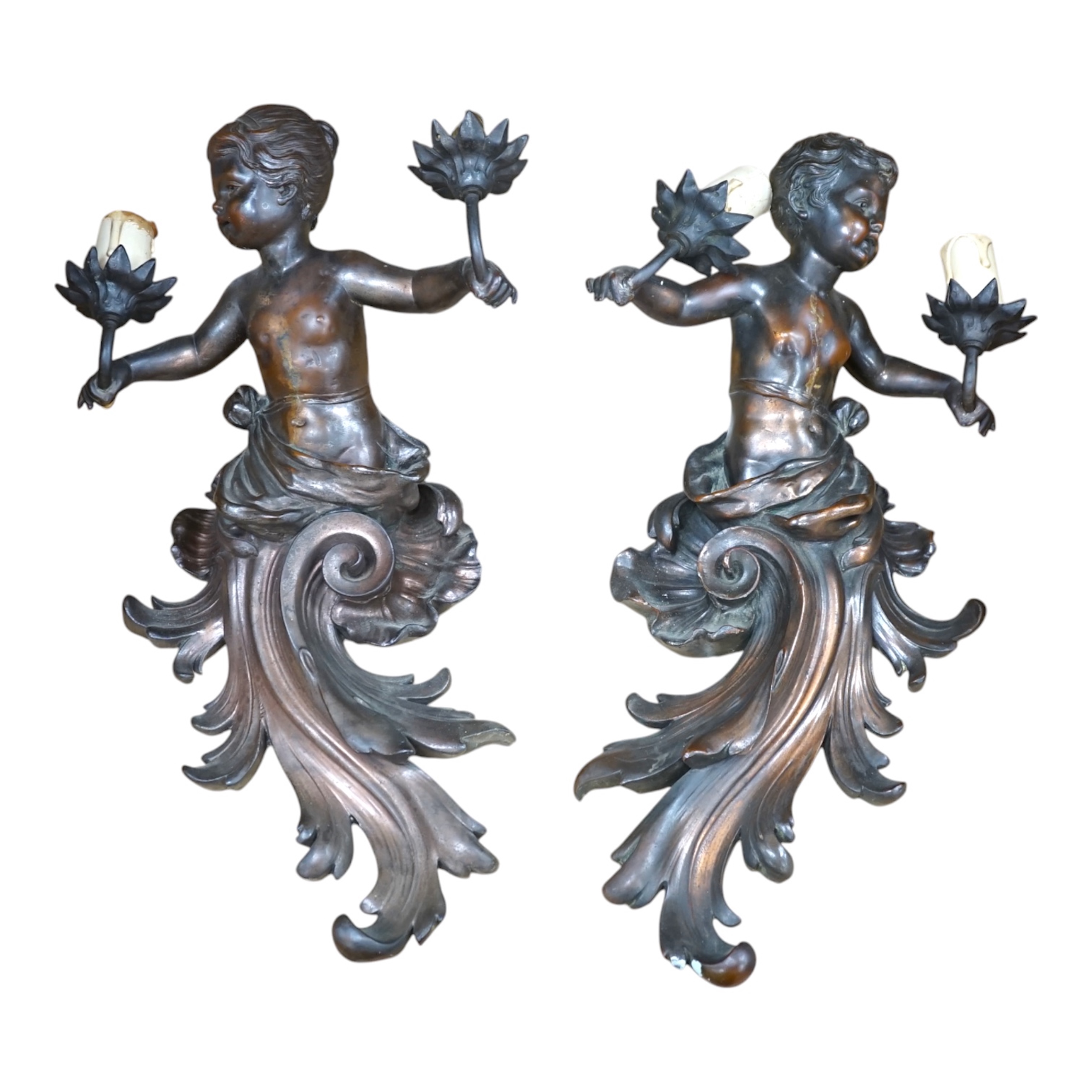 A pair of cast metal caryatid putti two light wall sconces, 45cm high. Condition - poor